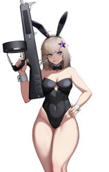 Rule 34 | 1girl, aa-12, aa-12 (girls&#039; frontline), ahoge, animal ears, black leotard, blonde hair, blue eyes, breasts, candy, cero (last2stage), cleavage, commission, covered navel, detached collar, fake animal ears, food, food in mouth, girls&#039; frontline, gun, hair ornament, hand on own hip, hand up, highres, holding, holding weapon, leotard, lollipop, long hair, medium breasts, playboy bunny, rabbit ears, shotgun, smile, solo, star (symbol), star hair ornament, thick thighs, thighs, trigger discipline, weapon