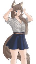 Rule 34 | 1girl, :3, absurdres, animal ear fluff, animal ears, belt, blue eyes, blue skirt, breasts, brown hair, cat ears, cat girl, cat tail, cleavage, fluffy, green eyes, grey shirt, highres, large breasts, long hair, looking at viewer, medium breasts, multicolored eyes, navy blue skirt, original, paw pose, shirt, simple background, sketch, skirt, smile, solo, tail, takie, takie arts, very long hair, white background