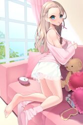 Rule 34 | 1girl, absurdres, blue eyes, blush, bra, brown hair, couch, dressing, highres, holding, holding toothbrush, long hair, on couch, original, pink bra, skirt, socks, stigma1101, stuffed animal, stuffed toy, teddy bear, toothbrush, toothbrush in mouth, underwear