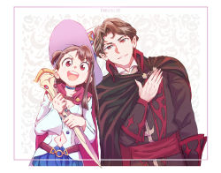 Rule 34 | 1boy, 1girl, andrew hanbridge, artist name, black cape, black shirt, blouse, blue skin, brown hair, cape, clothing cutout, colored skin, commentary, dated, halloween, halloween costume, hat, hat ornament, highres, holding, holding wand, kagari atsuko, little witch academia, long hair, long sleeves, marii pily, miniskirt, navel cutout, one side up, pleated skirt, pony (animal), purple eyes, red cape, shirt, short hair, side-by-side, skirt, star (symbol), star hat ornament, wand, white headwear, white shirt, witch hat