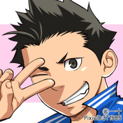 Rule 34 | 1boy, black eyes, black hair, blue shirt, commentary request, itto (mentaiko), looking at viewer, lowres, male focus, one eye closed, original, portrait, profile picture, shaded face, shirt, smile, track suit, v