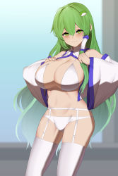 Rule 34 | 1girl, absurdres, bad id, bad pixiv id, bare shoulders, bikini, blue background, blush, bobby36446329, breasts, closed mouth, clothes lift, detached sleeves, eyebrows hidden by hair, feet out of frame, frog hair ornament, garter belt, green eyes, green hair, hair between eyes, hair ornament, hair tubes, highres, kochiya sanae, large breasts, long hair, looking at viewer, navel, shirt lift, simple background, solo, standing, sweat, swimsuit, thighhighs, touhou, very long hair, white bikini, white thighhighs