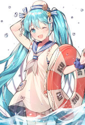 Rule 34 | 1girl, :d, aqua eyes, aqua hair, arm up, azit (down), blush, cowboy shot, dress, hat, hatsune miku, highres, innertube, lifebuoy, long hair, looking at viewer, one eye closed, open mouth, sailor dress, scrunchie, smile, solo, swim ring, twintails, very long hair, vocaloid, water, water drop, white background, wrist scrunchie