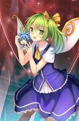 Rule 34 | 2girls, blue dress, blue hair, bow, cirno, daiyousei, dress, fairy wings, green eyes, green hair, hair bow, highres, ice, ice wings, mini person, minigirl, multiple girls, musyne xsk, o o, open mouth, shirt, short sleeves, side ponytail, skirt, skirt set, smile, touhou, vest, wings