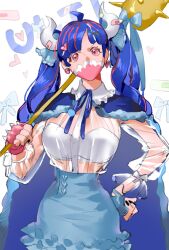 Rule 34 | 1girl, ahoge, asymmetrical gloves, bandaid, bandaid on horn, black nails, blue cape, blue gloves, blue hair, blue skirt, bra, breasts, cape, character name, club, club (weapon), covered mouth, curled horns, dinosaur girl, fingerless gloves, gloves, hair ornament, heart, heart hair ornament, holding club, horns, large breasts, long hair, looking at viewer, mask, mismatched gloves, mouth mask, multicolored hair, one piece, pink eyes, pink gloves, pink hair, pink mask, raine (acke2445), see-through, see-through shirt, shirt tucked in, skirt, solo, spiked club, spiked gloves, streaked hair, twintails, ulti (one piece), underwear, weapon, white bra, x hair ornament