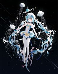Rule 34 | 1girl, aqua hair, bad id, bad pixiv id, bare shoulders, blue gloves, circle skirt, closed mouth, covered navel, detached sleeves, dress, full body, gloves, gomzi, half gloves, jellyfish, long hair, official art, pantyhose, puffy detached sleeves, puffy sleeves, smile, solo, standing, twintails, very long hair, walkr, white dress, white pantyhose, yellow eyes
