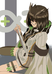 Rule 34 | arknights, armband, bob cut, brown hair, cloak, feather hair, feathers, glasses, high collar, lanyard, looking at viewer, miniskirt, ningen (ningen96), rhine lab logo, semi-rimless eyewear, silence (arknights), single thighhigh, sitting, skirt, solo, spread legs, tablet pc, thighhighs, thighs, yellow eyes