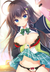 Rule 34 | 1girl, ahoge, beads, black hair, blazer, blouse, blue eyes, blush, bow, bow panties, bra, breasts, camera phone, cellphone, classroom, clothes lift, crotchless, crotchless panties, desk, frilled bra, frilled panties, frills, hair between eyes, hair ornament, hairclip, indoors, jacket, large breasts, long hair, open clothes, open mouth, open shirt, original, out of frame, panties, pearl thong, phone, picpicgram, red bra, school desk, school uniform, selfie, shirt, sidelocks, skirt, skirt lift, smartphone, sweater jacket, underwear, white shirt