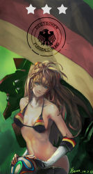 Rule 34 | 1girl, 2014 fifa world cup, absurdres, artist name, bikini, bikini top only, blue eyes, brazuca, breasts, brown hair, cleavage, dated, eva 02, fingerless gloves, german flag, german text, germany, gloves, hair ornament, highres, long hair, mecha, medium breasts, navel, neon genesis evangelion, robot, science fiction, signature, smile, solo, souryuu asuka langley, swimsuit, translated, world cup, xseven