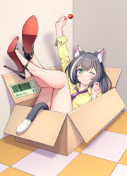 Rule 34 | 1girl, ;), absurdres, animal ear fluff, animal ears, arm up, barcode, bare legs, black footwear, black hair, blush, box, candy, cardboard box, cat ears, cat girl, cat tail, checkered floor, closed mouth, collared shirt, commentary request, food, full body, green eyes, high heels, highres, holding, holding food, in box, in container, indoors, karyl (princess connect!), kneepits, lollipop, long sleeves, lying, multicolored hair, necktie, on back, one eye closed, princess connect!, shirt, shoe soles, signature, smile, solo, split mouth, streaked hair, tail, weibo watermark, white hair, white shirt, wing collar, xiaoxi0619, yellow shirt