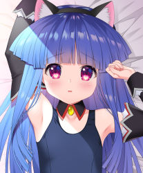 Rule 34 | 1girl, animal ear fluff, animal ears, arm up, armpits, bare shoulders, black hairband, blue hair, blue one-piece swimsuit, blunt bangs, blush, cat ears, collarbone, commentary request, detached collar, detached sleeves, fake animal ears, flat chest, furude rika, gaou (babel), hairband, hand up, heart, heart in eye, higurashi no naku koro ni, long hair, looking at viewer, one-piece swimsuit, parted lips, purple eyes, school swimsuit, solo, swimsuit, symbol in eye, upper body