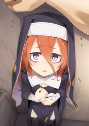 Rule 34 | 1boy, 1girl, bags under eyes, bandaged hand, bandages, black thighhighs, breasts, charlotte (ogami kazuki), child, cleavage cutout, clothing cutout, commentary, flying sweatdrops, habit, hair between eyes, highres, kabedon, long hair, looking at viewer, looking up, nun, ogami kazuki, orange hair, original, pov, purple eyes, size difference, small breasts, solo focus, thighhighs, worried