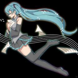 Rule 34 | 1girl, black background, blue hair, boots, closed eyes, collared shirt, detached sleeves, from side, full body, hair ornament, hatsune miku, highres, holding, holding paper, long hair, long sleeves, musical note, open mouth, paper, pleated skirt, profile, rageno0000, shirt, skirt, solo, thigh boots, twintails, very long hair, vocaloid