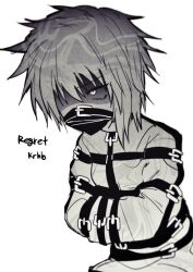 Rule 34 | 1other, androgynous, atoymk, character name, e.g.o (project moon), english text, greyscale, hair over one eye, highres, kurohebi, len&#039;en, lobotomy corporation, long sleeves, monochrome, other focus, project moon, sanpaku, shaded face, short hair, simple background, solo, straitjacket, upper body, v-shaped eyebrows, white background