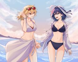 2girls alternate_costume bare_arms bare_shoulders bikini blonde_hair blue_bikini blue_eyes blue_hair bracelet breasts cleavage cloud cloudy_sky commentary cowboy_shot eyewear_on_head floating_hair grin hair_between_eyes hair_intakes happy hat holding_hands hololive hololive_english hololive_indonesia hotcat_(box_1227) jacket jewelry kaela_kovalskia large_breasts long_hair long_sleeves looking_at_another multiple_girls ocean open_clothes open_jacket open_mouth ouro_kronii outdoors red-tinted_eyewear red_eyes sarong short_hair side-tie_bikini_bottom sky smile standing sun_hat sunglasses swimsuit symbol-only_commentary tinted_eyewear virtual_youtuber water white_bikini white_hat white_jacket white_sarong