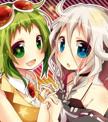 Rule 34 | 2girls, :d, :o, ahoge, bad id, bad pixiv id, bare shoulders, blue eyes, braid, goggles, goggles on head, green eyes, green hair, gumi, holding hands, ia (vocaloid), looking at viewer, multiple girls, open mouth, pink hair, short hair, smile, star-shaped pupils, star (symbol), symbol-shaped pupils, twin braids, uzuki asa, vocaloid