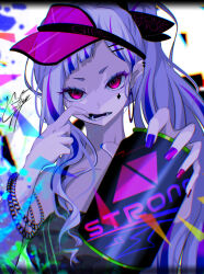 Rule 34 | 1girl, earrings, fangs, fingernails, goma irasuto, greyscale, highres, hoop earrings, jewelry, long hair, looking at viewer, monochrome, mouth pull, multicolored nails, nail polish, original, pink eyes, ponytail, signature, soda, solo, visor cap, white hair