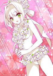 Rule 34 | 10s, 1girl, ahoge, bikini, bikini bottom only, cherry blossoms, cowboy shot, dutch angle, fate/extra, fate/extra ccc, fate (series), floral background, flower wreath, green eyes, hair intakes, hair ribbon, head wreath, limited palette, looking at viewer, nero claudius (bride) (fate), nero claudius (fate), nero claudius (fate) (all), own hands together, ribbon, solo, swimsuit, topless, yakan (kusogaki teikoku)