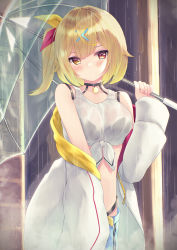 Rule 34 | 1girl, absurdres, blonde hair, blue shorts, blush, breasts, brick wall, brown eyes, closed mouth, collarbone, commentary request, hair ribbon, hand up, heterochromia, highres, holding, holding umbrella, hoshikawa sara, jacket, long sleeves, looking at viewer, medium breasts, nijisanji, off shoulder, one side up, open clothes, open jacket, outdoors, rain, red eyes, red ribbon, ribbon, rupe paperu, shorts, sleeves past wrists, solo, standing, tank top, transparent, transparent umbrella, umbrella, virtual youtuber, wet, wet clothes, white jacket, white tank top, wide sleeves, yellow ribbon