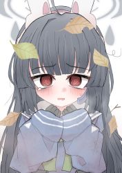 Rule 34 | 1girl, @ @, ahoge, animal ears, black gloves, black hair, blue archive, confused, crying, crying with eyes open, gloves, hair between eyes, halo, highres, leaf, long hair, miyu (blue archive), open mouth, rabbit ears, red eyes, school uniform, tears, tkugane353, white background