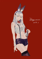 Rule 34 | 1girl, animal ear fluff, animal ears, bare shoulders, blue eyes, bow, choker, collarbone, dated, fake animal ears, fingernails, grey choker, grey hair, highres, long hair, navel, original, parted lips, red background, red bow, signature, simple background, smile, solo, thighhighs, vicennter