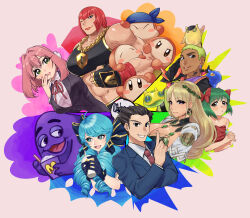 Rule 34 | 4boys, 4girls, 6+others, absurdres, ace attorney, androgynous, armor, biceps, black gloves, black hair, black sports bra, blonde hair, blue bow, blue eyes, blue gloves, blue hair, blue jacket, blue suit, blush, blush stickers, bow, braid, breasts, brown eyes, chain, chain necklace, collared shirt, color coordination, color wheel, color wheel challenge, copy ability, crossover, crown braid, dark-skinned male, dark skin, demeter (fate), detached sleeves, dizzy (valorant), dress, drill hair, earrings, fate/grand order, fate (series), feathers, fingerless gloves, flower, formal, gekko (valorant), gloves, gold chain, green eyes, green hair, grimace (mcdonald&#039;s), gwen (league of legends), hair bow, hair flower, hair ornament, hanazono hakari, hand wraps, head wreath, highres, jacket, jewelry, kimi no koto ga dai dai dai dai daisuki na 100-nin no kanojo, kirby (series), large breasts, laurel crown, league of legends, long hair, long sleeves, looking at viewer, marisa (street fighter), mcdonald&#039;s, medium hair, milkshake, minase itsuki (vs janshi brand-new stars), multiple boys, multiple crossover, multiple drawing challenge, multiple girls, multiple others, muscular, muscular female, neck tattoo, necklace, necktie, nintendo, one eye closed, open mouth, pauldrons, phoenix wright, pink hair, purple eyes, red bow, red dress, red hair, red necktie, ruga (vagryu), school uniform, shirt, short hair, shoulder armor, smile, spiked hair, sports bra, street fighter, street fighter 6, suit, tall female, tattoo, thrash (valorant), toon (style), trap, triceps, twin drills, twintails, upper body, valorant, veins, veiny arms, vs janshi brand-new stars, waddle dee, white feathers, white shirt, white sleeves, wingman (valorant)