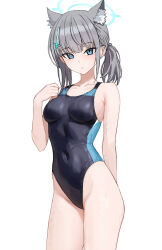 Rule 34 | 1girl, animal ear fluff, animal ears, bare arms, bare legs, bare shoulders, black one-piece swimsuit, blue archive, blue eyes, blue halo, competition swimsuit, cowboy shot, extra ears, grey hair, groin, halo, highres, looking at viewer, medium hair, official alternate costume, one-piece swimsuit, parted lips, purple z, shiroko (blue archive), shiroko (swimsuit) (blue archive), simple background, solo, swimsuit, wet, white background, wolf ears