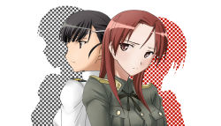 Rule 34 | 00s, 2girls, absurdres, back-to-back, black hair, black ribbon, breast pocket, brown eyes, brown hair, closed mouth, collared shirt, expressionless, eyepatch, green shirt, head tilt, highres, hisou noa, long hair, looking at viewer, military, military uniform, minna-dietlinde wilcke, multiple girls, pocket, profile, ribbon, sakamoto mio, shirt, straight hair, strike witches, uniform, upper body, wing collar, world witches series