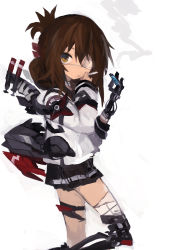 Rule 34 | 1girl, absurdres, black sailor collar, black skirt, brown eyes, brown hair, cigarette, closed mouth, eyepatch, feet out of frame, folded ponytail, hair between eyes, highres, holding, holding cigarette, inazuma (kancolle), kaamin (mariarose753), kantai collection, long hair, long sleeves, mechanical arms, mechanical legs, pleated skirt, prosthesis, prosthetic arm, prosthetic leg, sailor collar, school uniform, serafuku, simple background, single mechanical arm, single mechanical leg, skirt, solo, white background