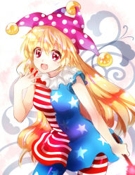 Rule 34 | 1girl, american flag dress, american flag legwear, blonde hair, clownpiece, hat, jester cap, long hair, nagare, open mouth, pantyhose, red eyes, solo, striped clothes, striped pantyhose, torch, touhou