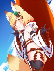 Rule 34 | 1girl, animal ear fluff, animal ears, bare shoulders, bell, black gloves, black thighhighs, blonde hair, blue sky, blush, breasts, brown eyes, closed mouth, clothing cutout, cloud, commentary request, commission, day, detached sleeves, done (donezumi), double fox shadow puppet, dutch angle, fox ears, fox girl, fox shadow puppet, fox tail, from side, gloves, highres, hood, hood down, jingle bell, long sleeves, looking at viewer, looking to the side, original, outdoors, ribbon-trimmed sleeves, ribbon trim, side cutout, skeb commission, sky, sleeves past wrists, small breasts, smile, solo, tail, thighhighs, white sleeves, wide sleeves