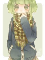 Rule 34 | 1girl, bad id, bad pixiv id, blush, booota, buuta, casual, coat, green eyes, green hair, gumi, hand in pocket, long sleeves, looking at viewer, matching hair/eyes, plaid, plaid scarf, scarf, short hair with long locks, solo, upper body, vocaloid