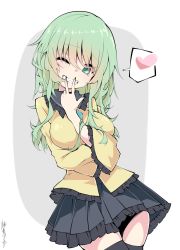 Rule 34 | 1girl, alternate breast size, black thighhighs, breasts, commentary request, cowboy shot, green eyes, green hair, grin, heart, highres, komeiji koishi, long hair, looking at viewer, medium breasts, no headwear, one eye closed, revision, sakakiba misogi, shirt, signature, skirt, smile, solo, spoken heart, thighhighs, touhou, wide sleeves, yellow shirt
