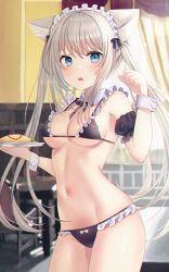 Rule 34 | 1girl, animal ears, arm scrunchie, bikini, black bikini, blue eyes, blush, breasts, cat ears, chair, cowboy shot, detached collar, fang, food, frills, highres, holding, holding food, holding tray, indoors, long hair, maid, maid bikini, maid headdress, medium breasts, neck ribbon, nibosi, omelet, omurice, open mouth, original, paw pose, ribbon, sidelocks, silver hair, solo, stomach, swimsuit, table, tray, twintails, unconventional maid, very long hair, wrist cuffs