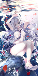 Rule 34 | 1girl, :d, absurdres, amakawa sakko, arm behind head, arms up, ass, black eyes, blue necktie, blue skirt, breasts, collared shirt, grey hair, hand on own head, high heels, highres, long hair, looking at viewer, medium breasts, miniskirt, navel, necktie, no bra, open clothes, open mouth, open shirt, original, panties, pantyshot, petals, pleated skirt, shirt, short sleeves, sitting, skirt, smile, solo, stomach, thighs, underwear, water, water drop, white footwear, white panties, white shirt