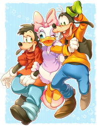 1girl 2boys bow daisy_duck disney full_body gloves goofy happy hat kiri_futoshi looking_at_viewer max_goof multiple_boys one_eye_closed pink_bow puffy_sleeves shoes short_sleeves smile