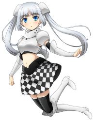 Rule 34 | 10s, 1girl, artist request, black thighhighs, blue eyes, boots, female focus, high heel boots, high heels, knee boots, long hair, looking at viewer, midriff, miss monochrome, miss monochrome (character), official art, silver hair, skirt, solo, straight hair, thighhighs, transparent background, twintails, very long hair, zettai ryouiki