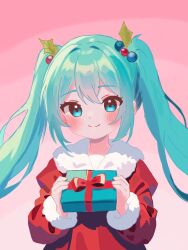 Rule 34 | 1girl, aqua hair, blue eyes, blush, box, christmas, closed mouth, commentary, fur trim, gift, gift box, hair ornament, hatsune miku, highres, holding, holding gift, long hair, long sleeves, looking at viewer, pink background, santa costume, simple background, smile, solo, twintails, ume tixya, upper body, vocaloid