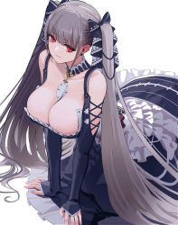 Rule 34 | 1girl, all fours, azur lane, bad id, bad pixiv id, bare shoulders, between breasts, black dress, breasts, cleavage, closed mouth, collarbone, commentary request, detached sleeves, dress, earrings, formidable (azur lane), frilled dress, frills, hair ribbon, highres, jewelry, large breasts, long hair, long sleeves, looking at viewer, moruga, red eyes, ribbon, simple background, solo, twintails, very long hair, white background