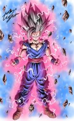 Rule 34 | 1boy, angry, aura, biceps, black wristband, blue sky, boots, brown footwear, clenched hands, closed mouth, commentary request, day, debris, dougi, dragon ball, dragon ball super, dragon ball super super hero, electricity, energy, floating, floating rock, frown, full body, gohan beast, grey hair, highres, looking at viewer, male focus, muscular, muscular male, outdoors, pectorals, red eyes, red sash, rock, sash, scratches, signature, sky, solo, son gohan, spiked hair, torn clothes, v-shaped eyebrows, wristband, youngjijii