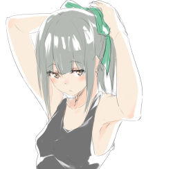 Rule 34 | 10s, 1girl, adjusting hair, armpits, arms up, blunt bangs, breasts, eyebrows, female focus, grey hair, hair ribbon, isshiki (ffmania7), kantai collection, ponytail, ribbon, sidelocks, simple background, sketch, sleeveless, small breasts, solo, tank top, tying hair, upper body, white background, yellow eyes, yuubari (kancolle)