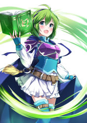 Rule 34 | 1girl, :d, armor, blue eyes, blush, book, breastplate, cape, fire emblem, fire emblem: the blazing blade, fire emblem heroes, gloves, green hair, hairband, highres, holding, holding book, looking at viewer, nino (fire emblem), nintendo, okomeinu, open mouth, short hair, simple background, skirt, smile, solo, white background