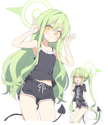 Rule 34 | 2girls, black shirt, black shorts, black tail, blue archive, blush, closed mouth, demon tail, fang, green hair, green halo, halo, highres, hikari (blue archive), long hair, multiple girls, nozomi (blue archive), open mouth, pointy ears, satou kibi, shirt, short hair, short sleeves, shorts, siblings, simple background, sisters, skin fang, smile, tail, twins, twintails, white background, yellow eyes
