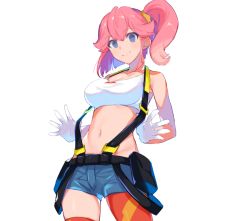 Rule 34 | 1girl, aina ardebit, bad id, bad twitter id, blue eyes, gloves, long hair, midriff, mr0308, open mouth, pink hair, promare, short shorts, shorts, side ponytail, smile, suspenders, thighhighs
