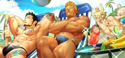 Rule 34 | 6+boys, abs, ball, bandana, bara, beard, billy (gyee), black hair, blonde hair, blue eyes, bulge, character request, cocktail glass, crossed arms, cup, drinking glass, facial hair, furry, furry male, goatee, gyee, highres, itto (mentaiko), large pectorals, long sideburns, male focus, manly, multicolored hair, multiple boys, muscular, navel, nipples, official art, outdoors, palm tree, pectorals, priapus, priapus (gyee), raikoh (paradiso guardian), rainbow, shorts, sideburns, sleeping, sparkle, summer, tattoo, thick thighs, thighs, topless male, tree, upper body