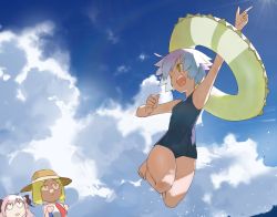 Rule 34 | :d, arms up, ball, beachball, blonde hair, blue one-piece swimsuit, blue skirt, character request, cloud, cloudy sky, commentary request, copyright request, day, full body, green eyes, green innertube, hair ribbon, hat, highres, innertube, one-piece swimsuit, one eye closed, open mouth, pikumin, pink hair, pointing, pointing up, ribbon, round teeth, short hair, skirt, sky, smile, sun hat, sunlight, swim ring, swimsuit, teeth, white hair