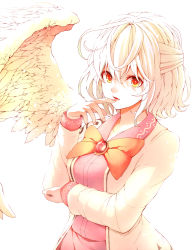 Rule 34 | 1girl, angel wings, bow, brooch, dress, feathered wings, finger to mouth, half updo, highres, jacket, jewelry, kishin sagume, long sleeves, looking at viewer, mikoma sanagi, open clothes, open jacket, open mouth, pink dress, red eyes, short hair, simple background, single wing, solo, touhou, upper body, white background, white hair, white wings, wings