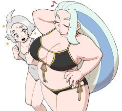 Rule 34 | 2girls, :o, arm behind head, bare arms, bikini, black bikini, blush, breasts, closed eyes, collarbone, commentary request, creatures (company), eyelashes, fat, game freak, grey eyes, grey hair, grey one-piece swimsuit, gym trainer (pokemon), hand on own hip, hand up, large breasts, mature female, melony (pokemon), multiple girls, musical note, nintendo, nutkingcall, one-piece swimsuit, open mouth, plump, pokemon, pokemon swsh, short hair, sparkle, sweatdrop, swimsuit, teeth, white background