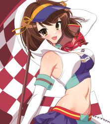 Rule 34 | 1girl, alternate costume, arm up, armband, blush, breasts, brown eyes, brown hair, checkered flag, commentary request, elbow gloves, flag, gloves, hair ribbon, hat, high collar, hotaru iori, ichimi renge, large breasts, looking at viewer, medium hair, midriff, navel, neck ribbon, open mouth, race queen, red ribbon, ribbon, simple background, skirt, solo, suzumiya haruhi, suzumiya haruhi no yuuutsu, visor cap, white background, yellow ribbon