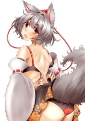 Rule 34 | 1girl, animal ears, ass, back, black bra, black gloves, black panties, black skirt, bra, bridal gauntlets, cowboy shot, detached sleeves, fang, fingernails, from behind, gloves, hair intakes, hat, highres, hiyo koiro, inubashiri momiji, jpeg artifacts, leaf print, looking at viewer, looking back, miniskirt, multicolored eyes, open mouth, panties, red eyes, red hat, ribbon-trimmed sleeves, ribbon trim, silver hair, simple background, skirt, solo, tail, thick eyebrows, tokin hat, touhou, underwear, underwear only, unfastened, white background, wolf ears, wolf tail, yellow eyes